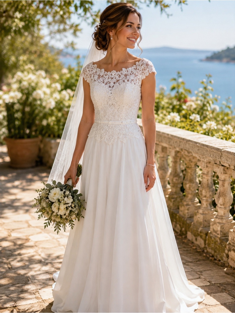 David's Bridal Illusion Lace Chiffon Wedding Gown - US 8